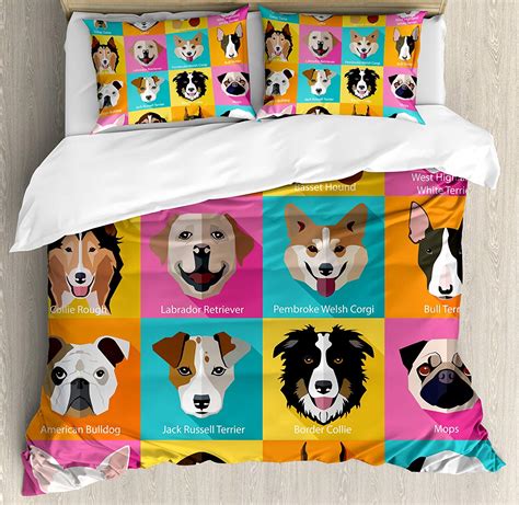 Ambesonne Animals Duvet Cover Set, Pattern with Dogs in Retro Pop Art Style Bulldog and Hound Cartoon Sketch of an Animal, Decorative 3 Piece Bedding Set with 2 Pillow Shams, Queen Size, Yellow Pink