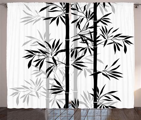 Black Friday - 50% OFF Ambesonne Asian Curtains, Monochrome Style Silhouettes of Bamboo Tree Leaves Japanese Feng Shui Boho Concept Image Illustration, Living Room Bedroom Window Drapes 2 Panel Set, 108" X 90", White Black