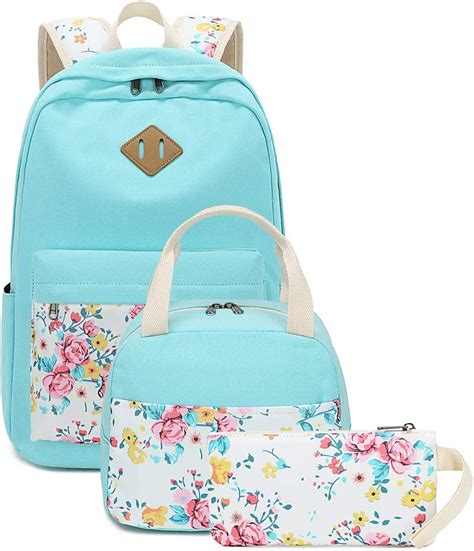 Get Special Price BLUBOON Canvas Bookbags School Backpack Laptop Schoolbag for Teens Girls High School (Water Bule 3 in 1)