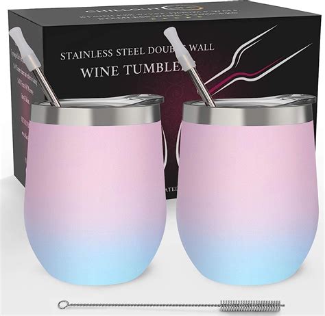 Top Rated CHILLOUT LIFE Stainless Steel Wine Tumblers 2 Pack 12 oz - Double Wall Vacuum Insulated Wine Cups with Lids and Straws Set for Coffee, Wine, Cocktails (Rose Gold)