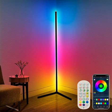 Led Corner Floor Lamp RGB Color Changing Modern Dimmable Light 56" Tall Standing Lamp with Remote, webcast, Party, Festive Atmosphere Light (Right Angle Base)