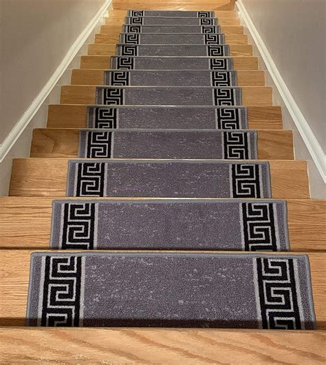 Best Seller Millenium Stair Tread Treads Meander Greek Key Design Indoor Skid Slip Resistant Carpet Stair Tread Treads Machine Washable 8 ½ inch x 30 inch (Set of 13, Meander Black-Grey)