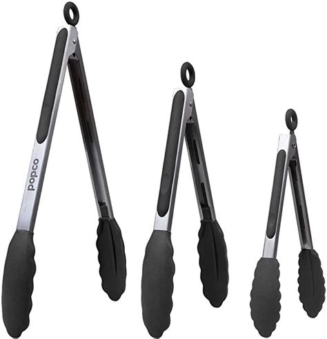 ✔ The Original Popco Tongs, Set of 3-7,9,12 inches, Heavy Duty, Stainless Steel Bbq and Kitchen Tongs with Silicone Tips (3 COLORS AVAILABLE)