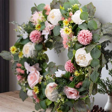 WANNA-CUL 24 Inch Spring Artificial Peony Flower Wreath for Front Door for Wedding ,Pink Rose Floral Door Wreath with Rustic Grapevine Leaves ,Bolocephalus Saussureoides for Home Decorations 