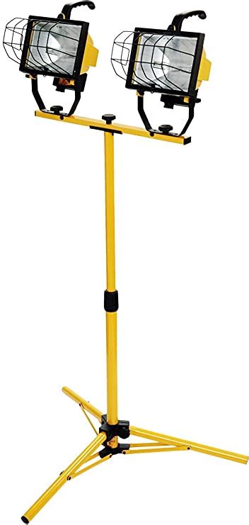 Limited Stock Woods L13 Twin Head Work Light, Adjustable Tripod Up To 42 Inches Tall, 16,000 Lumen, 4-Foot 18/3 Cord, Cord Storage Bracket, Weather Proof Power Switch Per Lamp For Individual Control (Includes 2 500-watt Quartz Halogen Bulbs) , Yellow