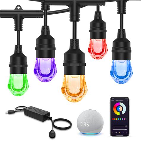 XMCOSY+ Outdoor String Lights - Patio Lights RGB & White 98 Ft LED Smart String Lights Outdoor 2.4GHz Wi-Fi & App Color String Lights 30 LED Bulbs Color String Lights Works with Alexa IP65 Waterproof