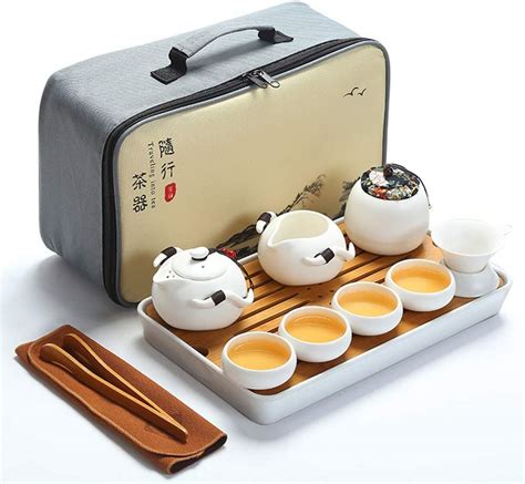 fanquare Portable Travel Tea Set,Handmade Kungfu Tea Set,Porcelain Teapot,Teacups,Bamboo Tea Tray with a Portable Travel Bag,Black